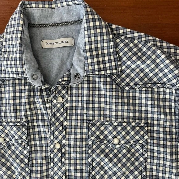 James Campbell Pearl Snap Navy Plaid Flannel Shirt - Medium- Western Outdoor - Picture 3 of 10
